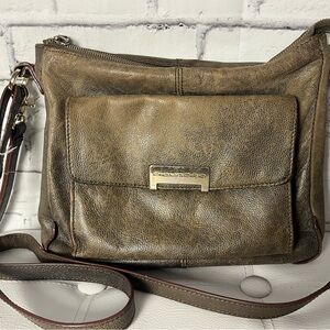 Piquadro Olive Green Pebbled Leather Crossbody Bag